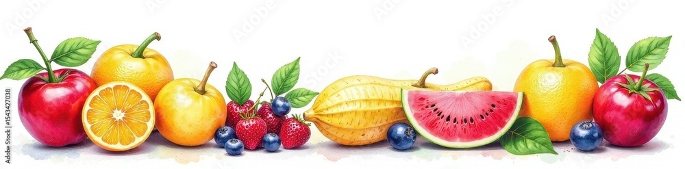 Vibrant watercolor summer fruits & vegetables on white , art, creative, macro Vibrant watercolor summer fruits & vegetables on white , art, creative, macro
