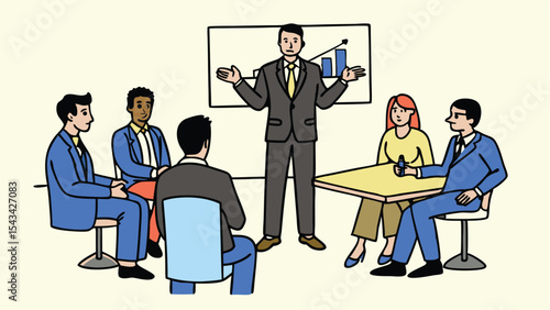 Illustration of a business meeting with a presenter and several attendees in a conference room setting
