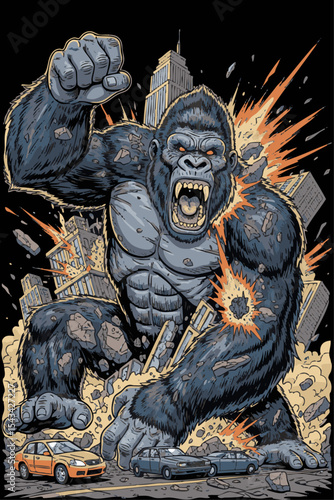 Majestic Gorilla Rampaging Through Urban Cityscape Stunning Creature Power