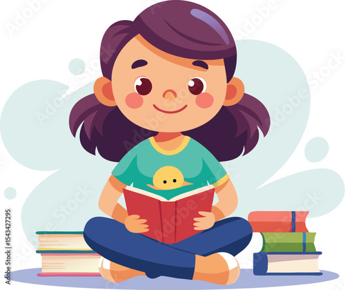 Purple-Haired Cartoon Girl Reading Book – Cross-Legged Student with Book Stacks Vector