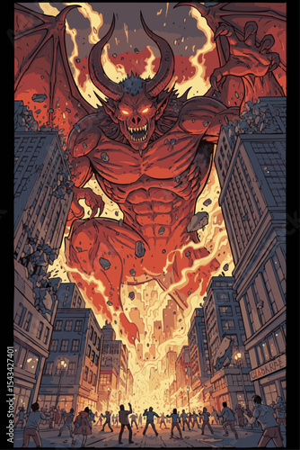 Fiery demon towering over cityscape in a dramatic fantasy scene