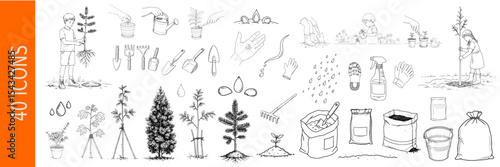 Kids planting trees in park - Icons set featuring gardening tools and plants in black and white  