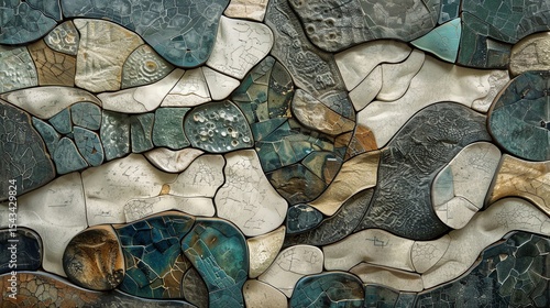 Abstract background with a variety of shapes and colors. The shapes appear to be made of different materials, such as stone, metal, and ceramic.