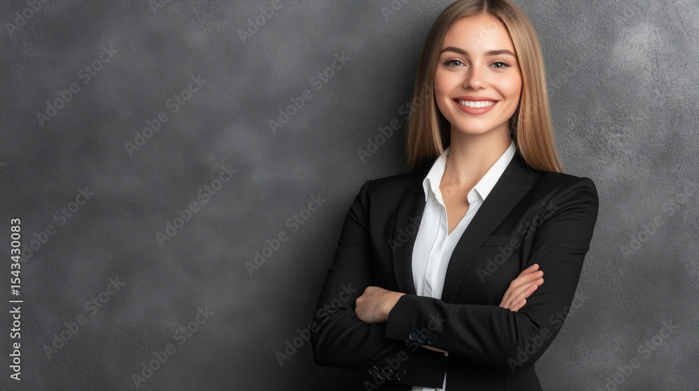 Happy young businesswoman smiling confidently in blazer, professional portrait. Success, ambition, and modern elegance in the workplace. Happy young businesswoman smiling confidently in blazer, professional portrait. Success, ambition, and modern elegance in the workplace.