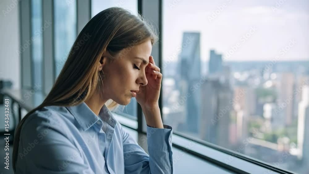 Upset young business woman in blue shirt near window with city view, holding head in hand, feeling worried, stressed, headache, burnout. Upset young business woman in blue shirt near window with city view, holding head in hand, feeling worried, stressed, headache, burnout.