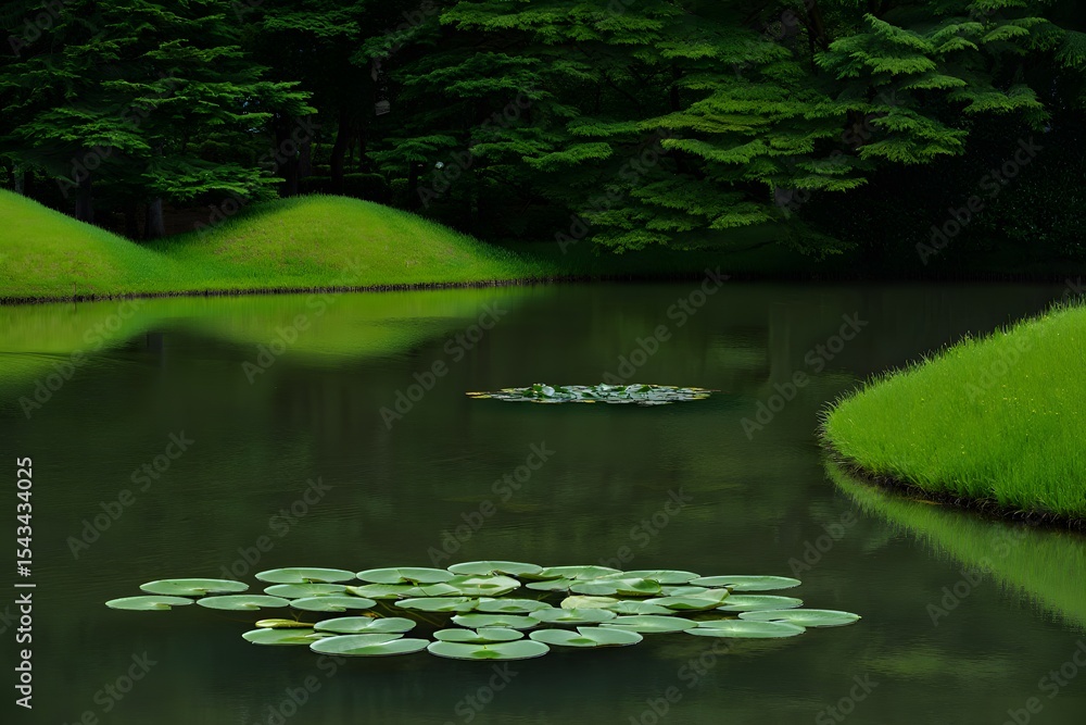 Serene japanese garden pond with lush greenery and water lilies. Serene japanese garden pond with lush greenery and water lilies.