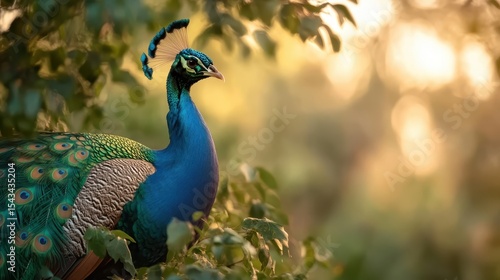 Wallpaper Mural A striking peacock displays its magnificent plumage amidst lush greenery, illuminated by the warm glow of the sunset, showcasing nature's beauty and elegance. Torontodigital.ca