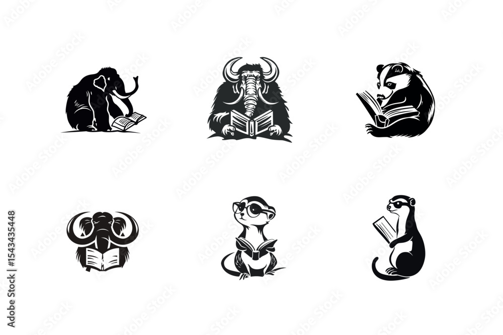 Cute animals reading books illustrations Cute animals reading books illustrations