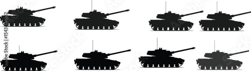  Collection of Modern Main Battle Tanks: Silhouettes of Armored Military Vehicles for Defense, Army, and Warfare Stock Photography, featuring various tank types.flat vector illustration