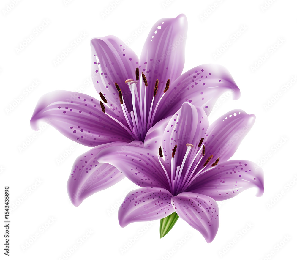 Naklejka premium Purple lily flowers illustration with delicate spotted petals vivid stamens graceful composition isolated on transparent background, png