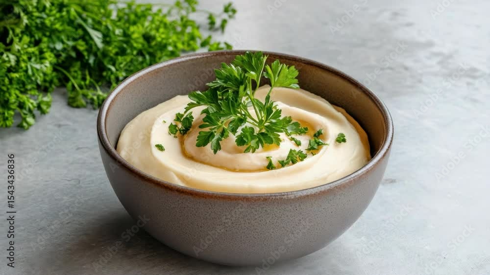 Creamy mashed potatoes in bowl, garnished with fresh herbs for delightful food experience. Creamy mashed potatoes in bowl, garnished with fresh herbs for delightful food experience.