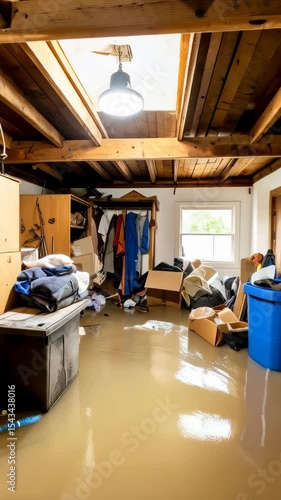 Flooded storage room with personal belongings, cardboard boxes, and water damage after storm or plumbing failure disaster in residential home