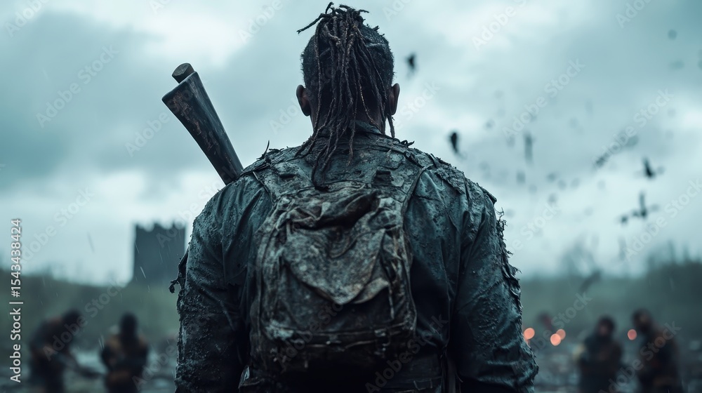 Fototapeta premium A strong silhouette of a warrior in rugged terrain, holding a weapon and facing ominous clouds, symbolizing strength, perseverance, and the spirit of battle.