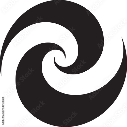 A black and white spiral design with two curved shapes winding into the center on a white background