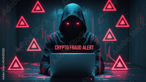 A mysterious hooded figure focused on a laptop, surrounded by red warning symbols indicative of crypto fraud.