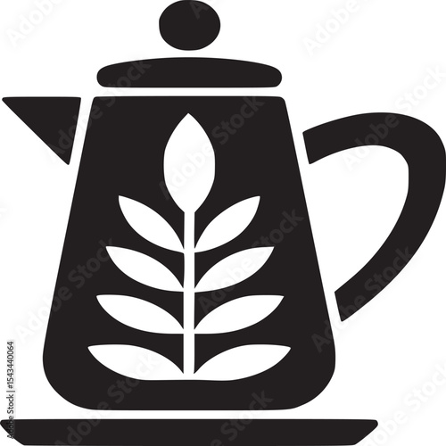 Black teapot with leaf design on a saucer against a light gray background in a minimalist style