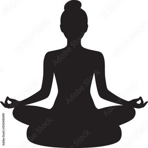 Silhouette of a woman in lotus position meditating with hands in mudra on a white background