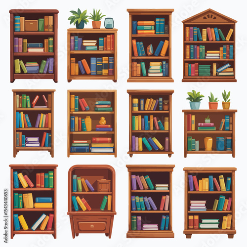Collection of wooden bookcases with books and plants