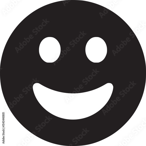 A simple black and white smiley face with two circular eyes and a curved mouth on a white background