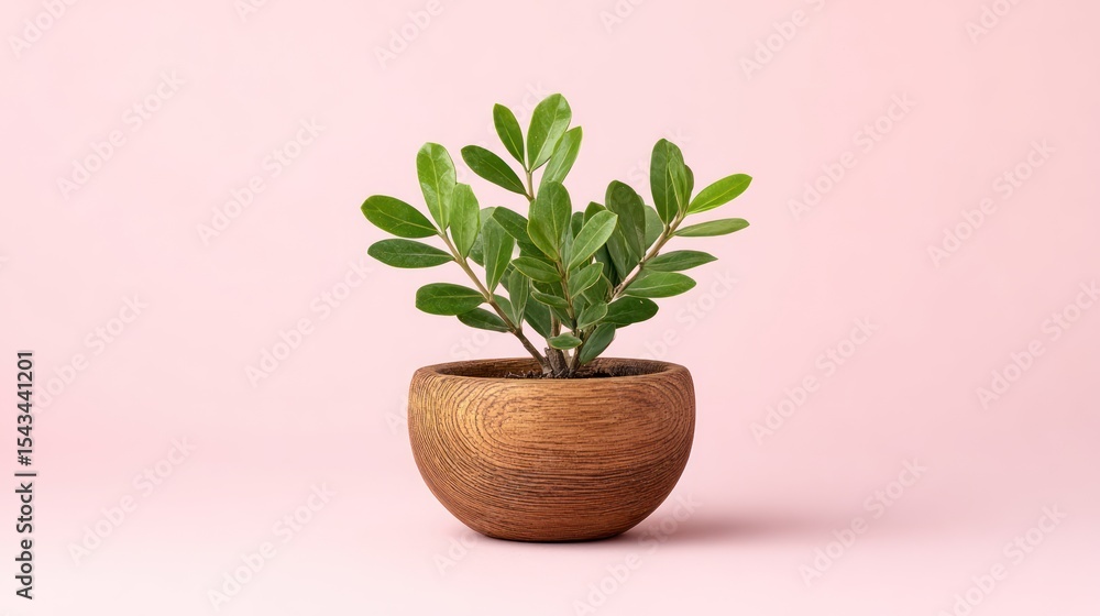 Fototapeta premium Fresh Green Plant in Wooden Pot Against Soft Pink Background