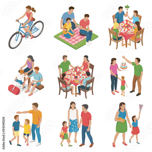 Happy family moments isometric illustrations of family activities