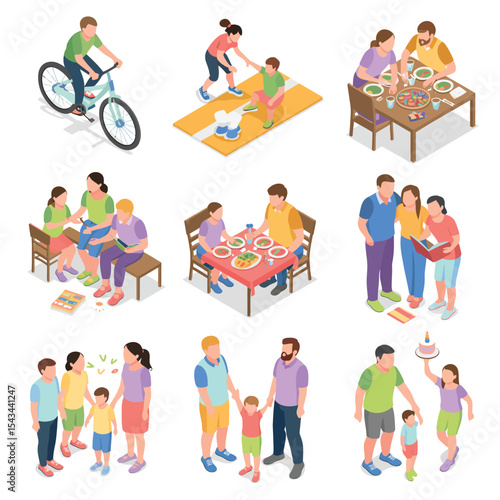Isometric illustrations of happy families enjoying life