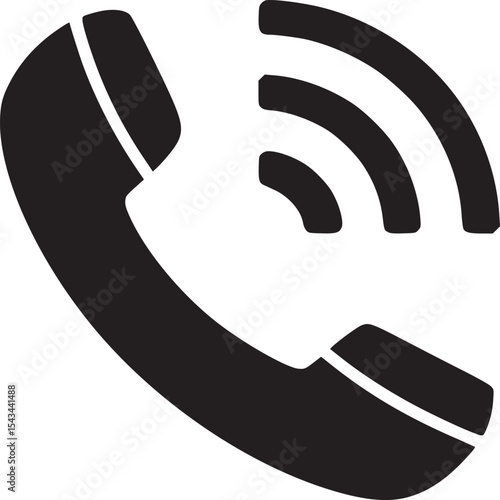 A black and white illustration of a telephone handset with signal waves emanating from the receiver
