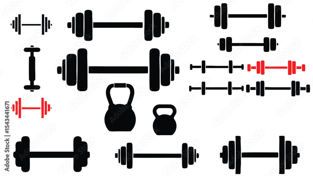 Gym Equipment Vector Set, Barbells, Dumbbells, Kettlebells, Weight Plates Icons Gym Equipment Vector Set, Barbells, Dumbbells, Kettlebells, Weight Plates Icons