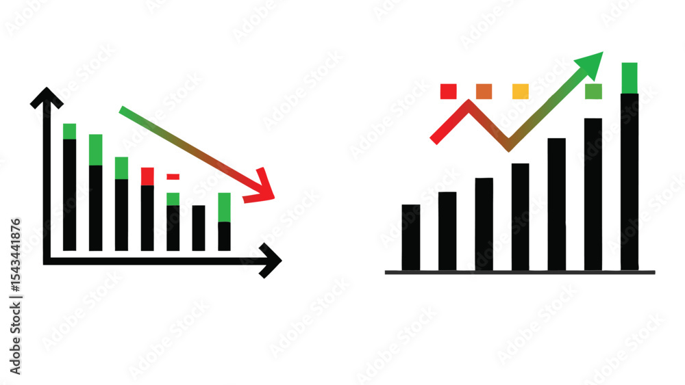 vector profit and loss chart. Set of arrow icons for increasing and decreasing chart. Business growth chart with arrow. Symbol of rise and decline of economy. Sign of upward or downward trend vector profit and loss chart. Set of arrow icons for increasing and decreasing chart. Business growth chart with arrow. Symbol of rise and decline of economy. Sign of upward or downward trend