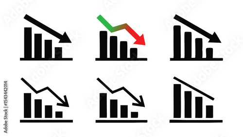 Set of icons of rising bar chart with down arrow. Business graphs and charts icons showing losses. Statistics and analytics vector icon