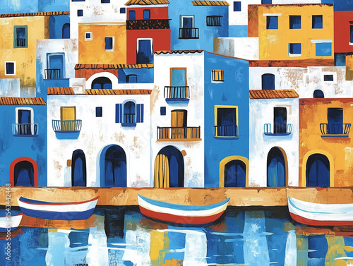 Mediterranean village with blue and white acrylic-painted houses, yellow and red accents, boats and sea reflections. Ideal for travel posters, decor, or editorial use