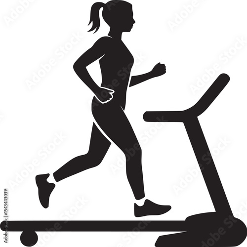 Silhouette of a woman running on a treadmill exercising in a gym for fitness and cardio workout regime