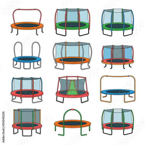 Twelve colorful trampoline illustrations