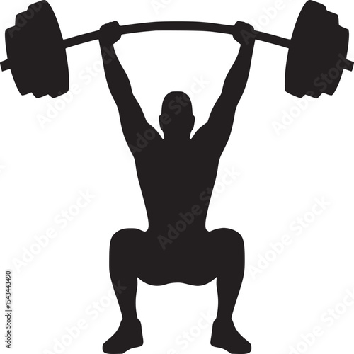 Silhouette of a weightlifter squatting while holding a barbell overhead in a white background