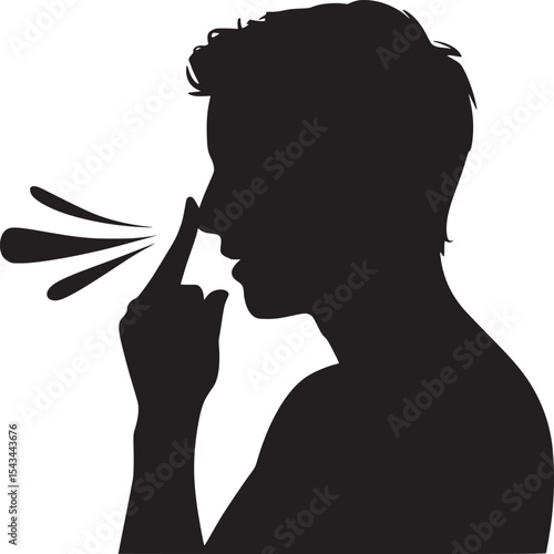 Silhouette of a person touching their nose with a finger and droplets coming out of their mouth