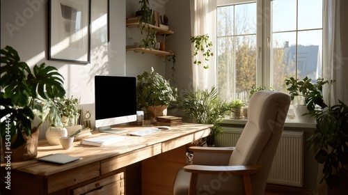 Modern home office with natural sunlight and indoor plants