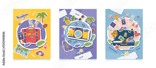 Set of travel posters. Vacation concept collages. Travel destinations concept. Vector flat illustration collection.