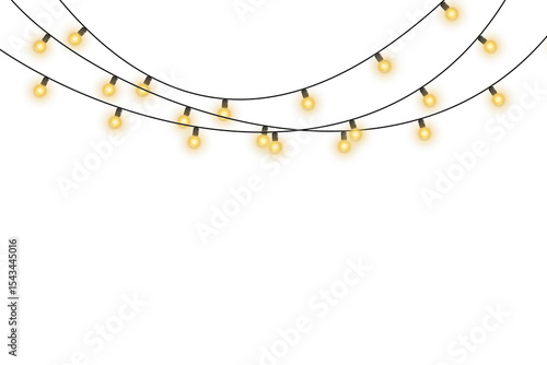 Twinkling fairy lights glow in soft amber. Golden garland loops around festive corner. Warm bulbs dangle on celebration wire. Holiday sparkle brightens the dark scene.