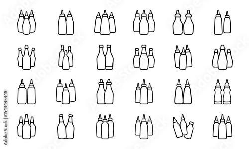 Vector set of condiment bottles and sauces outlined in black and white for design elements