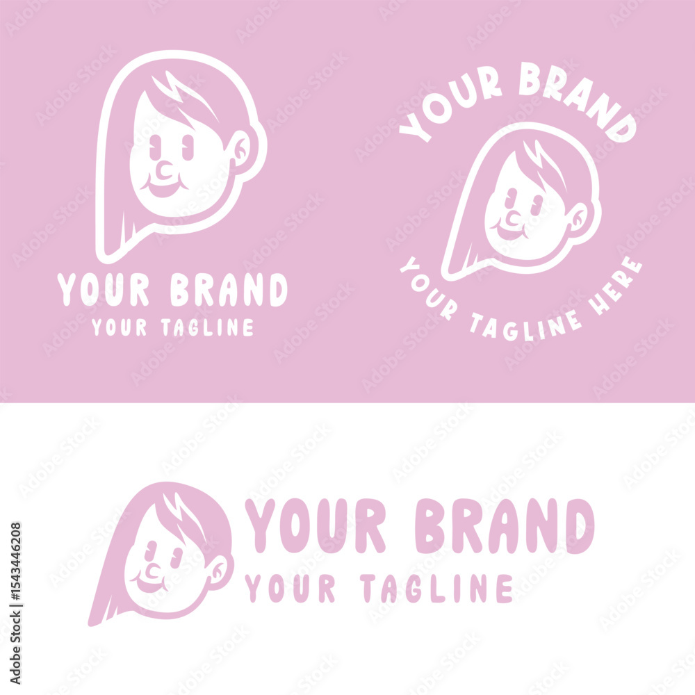 Fototapeta premium Playful pink cartoon girl logo with an expressive face. Ideal for creative kids' brands, personal logos, or product packaging. Fully editable EPS vector file included