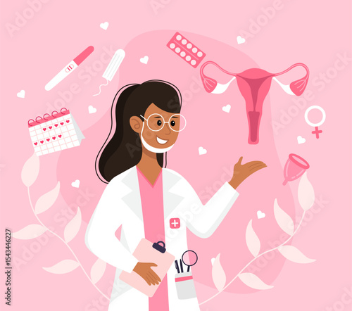 Illustration of a female gynecologist on a pink background.
