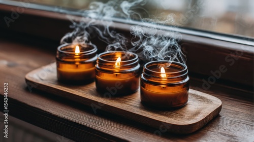 Trio of Burning Candles with Wisps of Smoke on Wooden Surface near Window