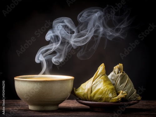 Steaming Bowl with Soft Smoke and Wrapped Rice Dumplings on Wooden Surface