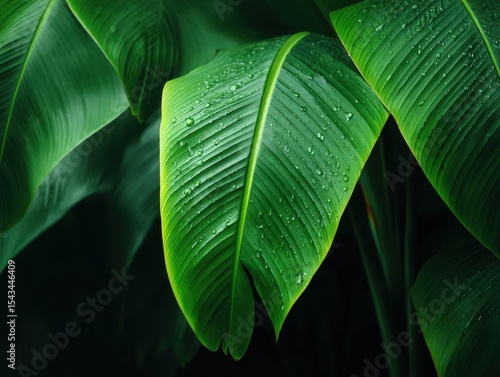 Lush Green Leaves with Water Drops Captured in Natural Light and Depth