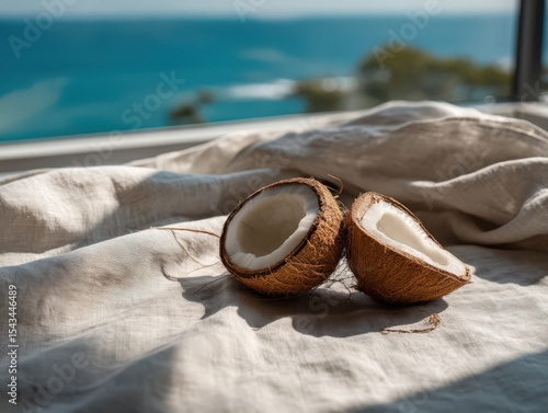 Fresh Coconut Halves on Soft Fabric with Scenic Background View