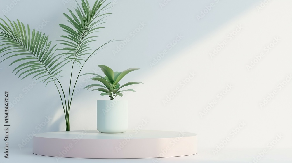 Green tropical plant in pot on pedestal Green tropical plant in pot on pedestal