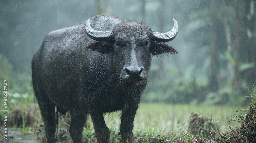 Naklejka premium Water buffalo standing in rain against a lush green background in nature