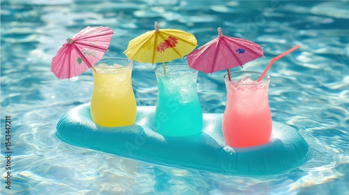 Colorful Summer Cocktails with Umbrellas on Floating Pool Raft