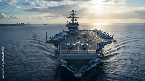 Aerial View of Aircraft Carrier Sailing in the Ocean at Sunrise with Airplanes
