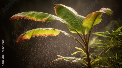 Lush Green Tropical Plant with Water Droplets in a Rainy Atmosphere